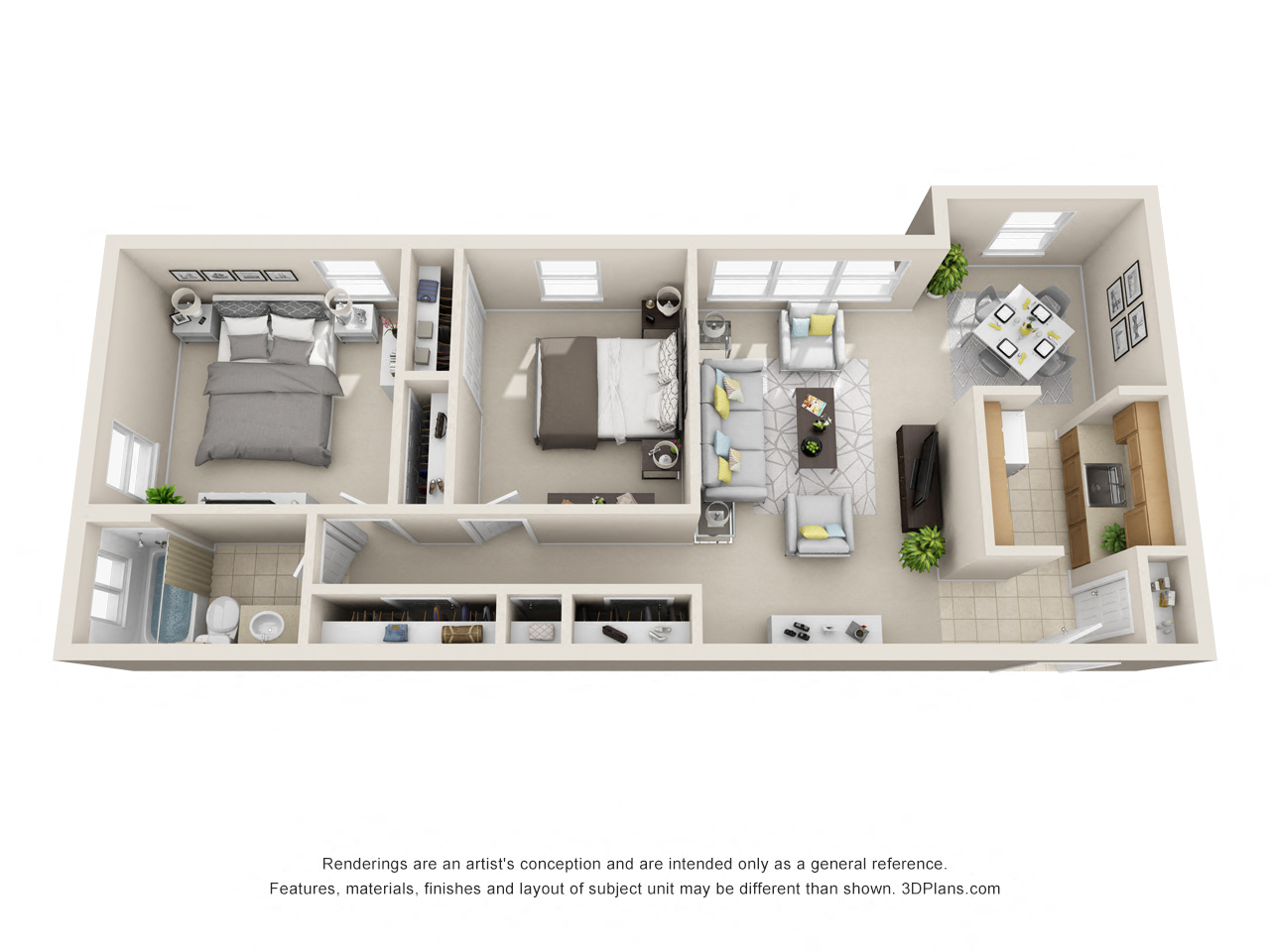 Floor plan for 2 beds, 1 bath, 953 sqft